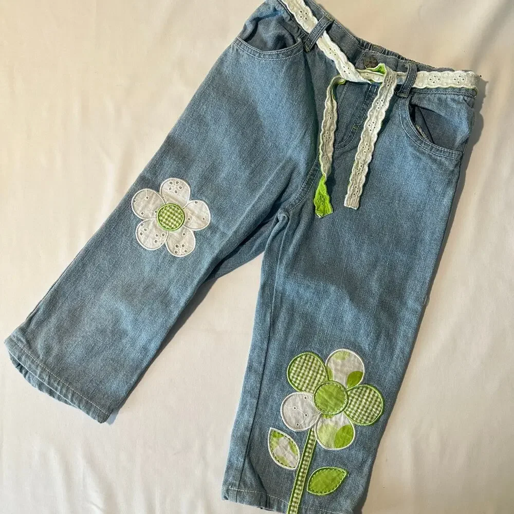 Vintage 2000s Y2K Kids Headquarters Green Flower Patchwork Jeans w/ Belt Sz 5